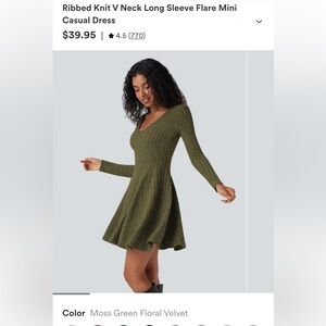 Ribbed Knit V Neck Long Sleeve Flare Mini Casual Dress - Moss Green